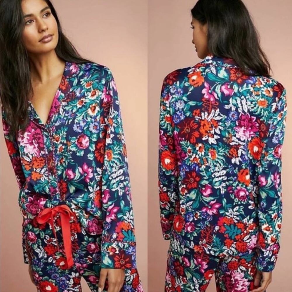Anthropologie Floreat Navy Floral Satin Pajama Top with Pink, Red & Teal